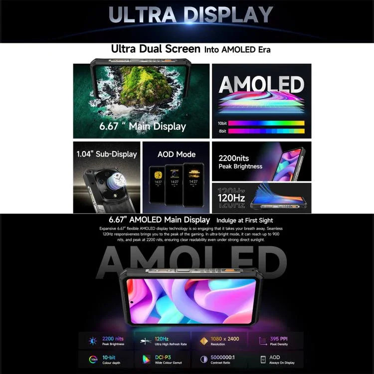 هاتف Ulefone Armor 28 Pro المتين، 16 جيجابايت + 512 جيجابايت، رؤية ليلية، بطارية 10600 مللي أمبير، شاشة 6.67 بوصة + 1.04 بوصة أندرويد 15 MediaTek Dimensity 7300 ثماني النواة، شبكة: 5G، NFC