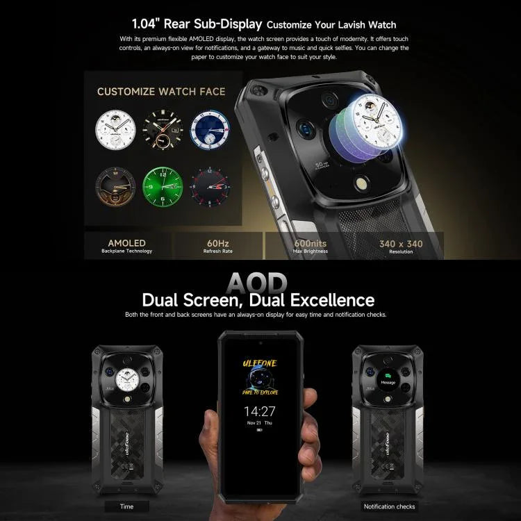 هاتف Ulefone Armor 28 Pro المتين، 16 جيجابايت + 512 جيجابايت، رؤية ليلية، بطارية 10600 مللي أمبير، شاشة 6.67 بوصة + 1.04 بوصة أندرويد 15 MediaTek Dimensity 7300 ثماني النواة، شبكة: 5G، NFC