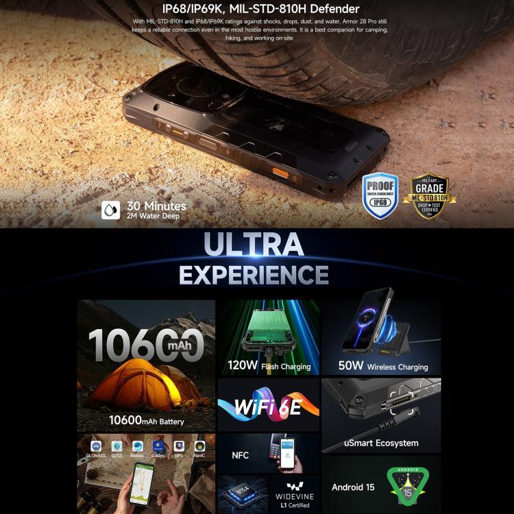 هاتف Ulefone Armor 28 Pro المتين، 16 جيجابايت + 512 جيجابايت، رؤية ليلية، بطارية 10600 مللي أمبير، شاشة 6.67 بوصة + 1.04 بوصة أندرويد 15 MediaTek Dimensity 7300 ثماني النواة، شبكة: 5G، NFC