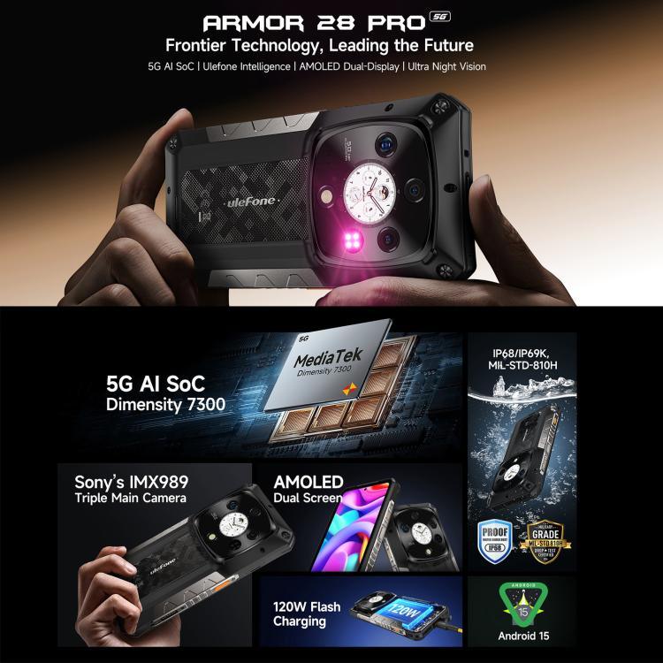 هاتف Ulefone Armor 28 Pro المتين، 16 جيجابايت + 512 جيجابايت، رؤية ليلية، بطارية 10600 مللي أمبير، شاشة 6.67 بوصة + 1.04 بوصة أندرويد 15 MediaTek Dimensity 7300 ثماني النواة، شبكة: 5G، NFC