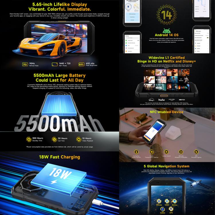 هاتف Ulefone Armor X32 المتين، 8 جيجابايت + 256 جيجابايت، رؤية ليلية، شاشة 5.65 بوصة أندرويد 14 MediaTek Helio G91 ثماني النواة، شبكة: 4G، NFC، OTG