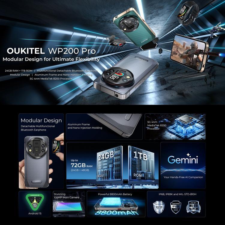 هاتف Oukitel WP200 Pro 5G المتين، 24 جيجابايت + 1 تيرابايت، بصمة على الشاشة، شاشة 6.7 بوصة أندرويد 15.0 MTK Dimensity 8200 ثماني النواة، NFC، OTG، شبكة: 5G