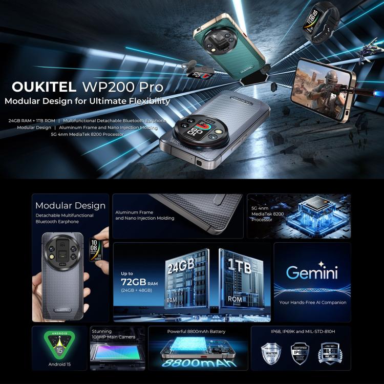 هاتف Oukitel WP200 Pro 5G المتين، 24 جيجابايت + 1 تيرابايت، بصمة على الشاشة، شاشة 6.7 بوصة أندرويد 15.0 MTK Dimensity 8200 ثماني النواة، NFC، OTG، شبكة: 5G