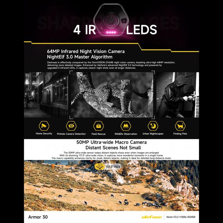 يولفون آرمور 30، 12 جيجابايت + 512 جيجابايت، رؤية ليلية، هاتف مقاوم بمعيار IP68/IP69K، شاشة 6.95 بوصة أندرويد 15 ميدياتك هيليو G100 ثماني النواة، شبكة: 4G، NFC، OTG، آرمور 30