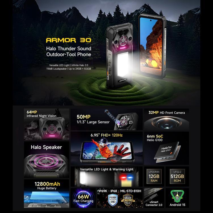 يولفون آرمور 30، 12 جيجابايت + 512 جيجابايت، رؤية ليلية، هاتف مقاوم بمعيار IP68/IP69K، شاشة 6.95 بوصة أندرويد 15 ميدياتك هيليو G100 ثماني النواة، شبكة: 4G، NFC، OTG، آرمور 30