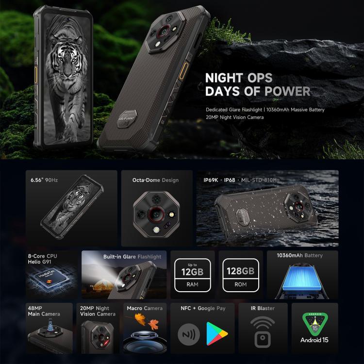 يولفون آرمور X16، 6 جيجابايت + 128 جيجابايت، رؤية ليلية، هاتف مقاوم بمعيار IP68/IP69K، شاشة 6.56 بوصة أندرويد 15 ميدياتك هيليو G91 ثماني النواة، شبكة: 4G، NFC، OTG، آرمور X16، 6 جيجابايت + 128 جيجابايت