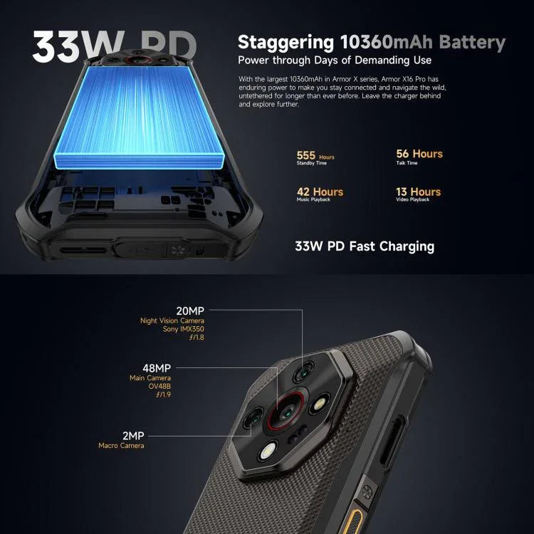 يولفون آرمور X16، 6 جيجابايت + 128 جيجابايت، رؤية ليلية، هاتف مقاوم بمعيار IP68/IP69K، شاشة 6.56 بوصة أندرويد 15 ميدياتك هيليو G91 ثماني النواة، شبكة: 4G، NFC، OTG، آرمور X16، 6 جيجابايت + 128 جيجابايت