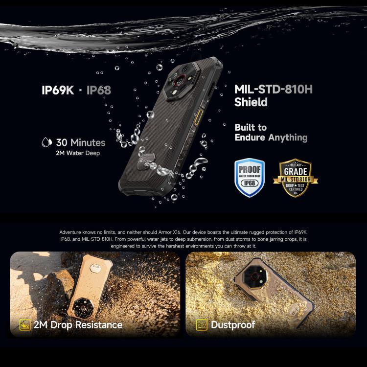 يولفون آرمور X16، 6 جيجابايت + 128 جيجابايت، رؤية ليلية، هاتف مقاوم بمعيار IP68/IP69K، شاشة 6.56 بوصة أندرويد 15 ميدياتك هيليو G91 ثماني النواة، شبكة: 4G، NFC، OTG، آرمور X16، 6 جيجابايت + 128 جيجابايت