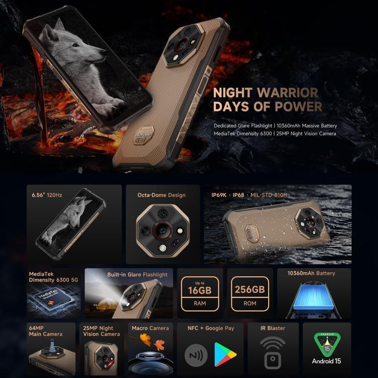 يولفون آرمور X16 برو، 5 جيجابايت + 256 جيجابايت، رؤية ليلية، هاتف مقاوم بمعيار IP68/IP69K، شاشة 6.56 بوصة أندرويد 15 ميدياتك ديمينسيتي 6300 ثماني النواة، شبكة: 5G، NFC، OTG، آرمور X16 برو، 8 جيجابايت + 256 جيجابايت