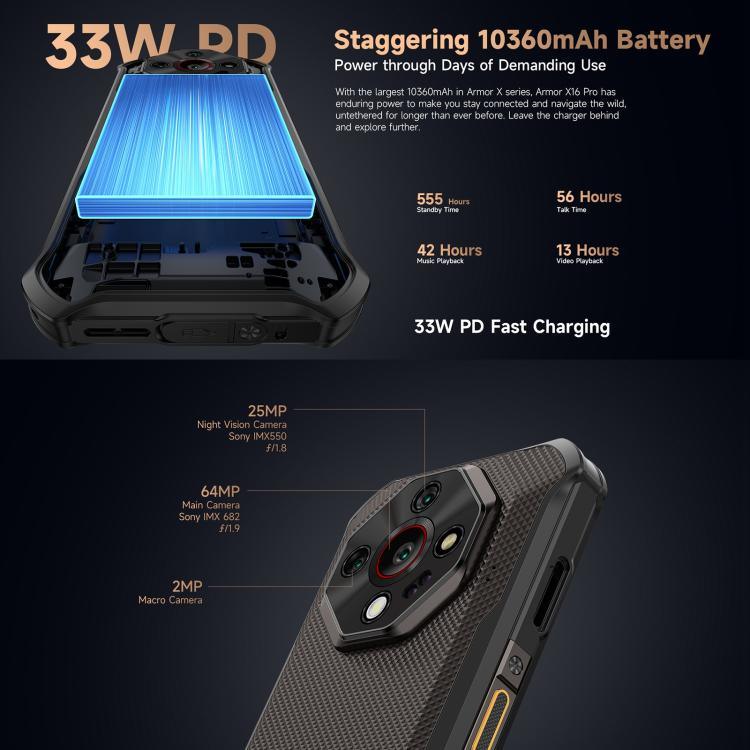 يولفون آرمور X16 برو، 5 جيجابايت + 256 جيجابايت، رؤية ليلية، هاتف مقاوم بمعيار IP68/IP69K، شاشة 6.56 بوصة أندرويد 15 ميدياتك ديمينسيتي 6300 ثماني النواة، شبكة: 5G، NFC، OTG، آرمور X16 برو، 8 جيجابايت + 256 جيجابايت