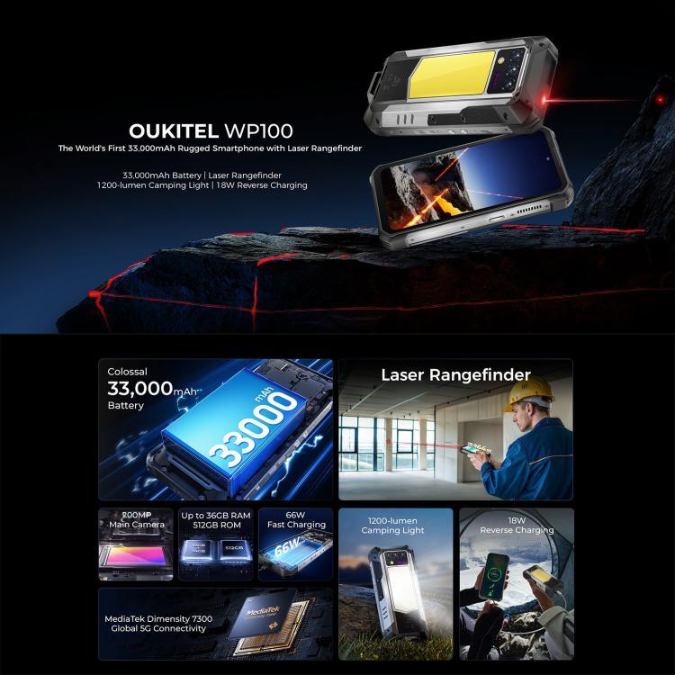 أوكيتل WP100 هاتف مقاوم مع مقياس ليزر للمسافات، 12 جيجابايت + 512 جيجابايت، كاميرا 200 ميجابكسل، التعرف على بصمة الإصبع، شاشة 6.8 بوصة أندرويد 14 ميدياتك ديمينسيتي 7300 ثماني النواة، NFC، OTG، شبكة: 5G، WP100