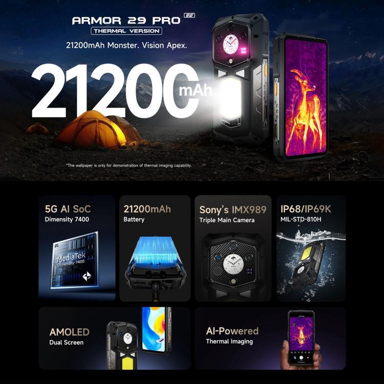 Ulefone Armor 29 Pro النسخة الحرارية هاتف متين، 16GB+512GB، رؤية ليلية، شاشة 6.67 بوصة + 1.04 بوصة، أندرويد 15، MediaTek Dimensity 7400 ثماني النواة، شبكة: 5G، OTG، NFC، Armor 29 Pro النسخة الحرارية