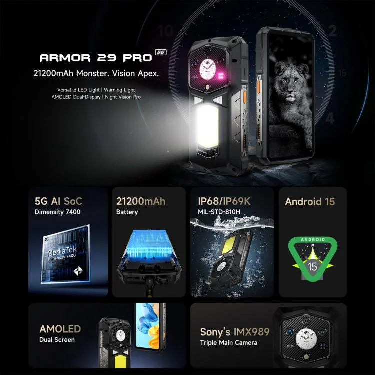 Ulefone Armor 29 Pro هاتف متين، 16GB+512GB، رؤية ليلية، شاشة 6.67 بوصة + 1.04 بوصة، أندرويد 15، MediaTek Dimensity 7400 ثماني النواة، شبكة: 5G، OTG، NFC، Armor 29 Pro