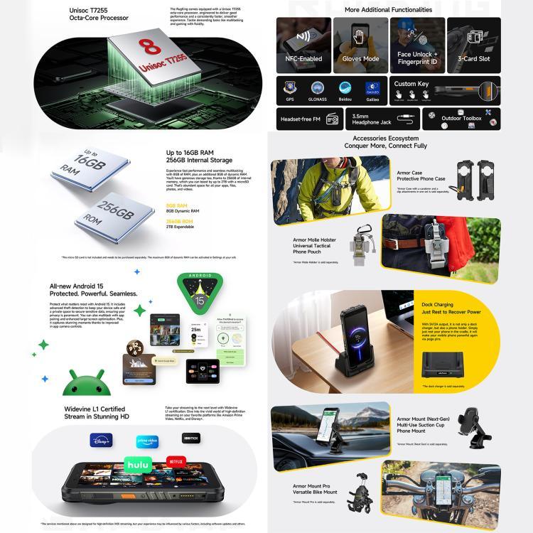 Ulefone RugKing، 8GB+256GB، هاتف متين بمعيار IP68/IP69K، شاشة 5.99 بوصة، أندرويد 15، Unisoc T7255 ثماني النواة، شبكة: 4G، NFC، OTG، RugKing، 8GB+256GB