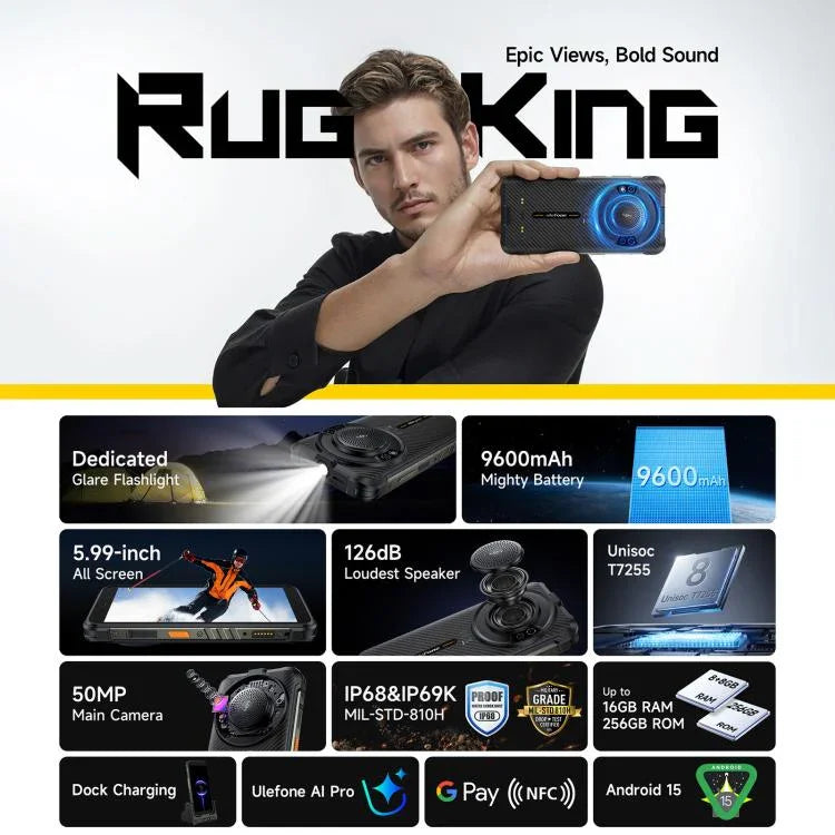 Ulefone RugKing، 8GB+256GB، هاتف متين بمعيار IP68/IP69K، شاشة 5.99 بوصة، أندرويد 15، Unisoc T7255 ثماني النواة، شبكة: 4G، NFC، OTG، RugKing، 8GB+256GB