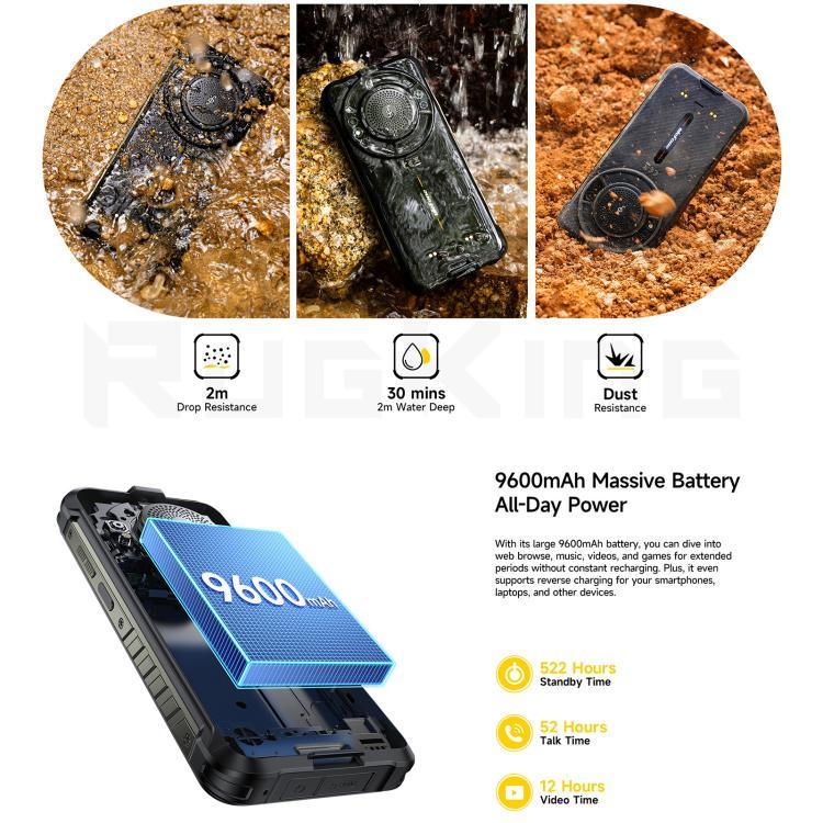 Ulefone RugKing، 8GB+256GB، هاتف متين بمعيار IP68/IP69K، شاشة 5.99 بوصة، أندرويد 15، Unisoc T7255 ثماني النواة، شبكة: 4G، NFC، OTG، RugKing، 8GB+256GB