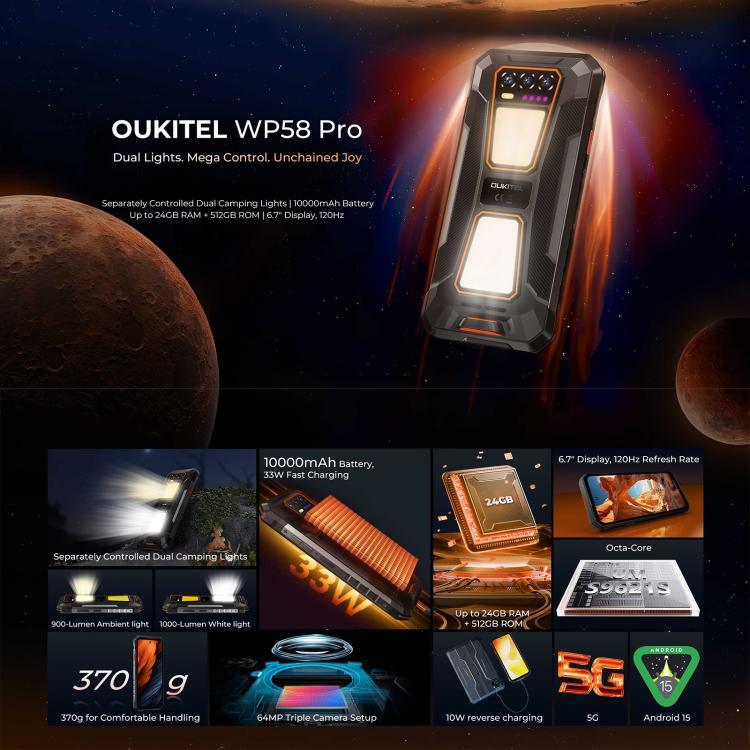 هاتف Oukitel WP58 Pro المتين، 8GB+512GB، التعرف على بصمة الإصبع الجانبية، شاشة 6.7 بوصة أندرويد 15 UMS9621S ثماني النواة، NFC، OTG، شبكة: 5G، 8GB+512GB