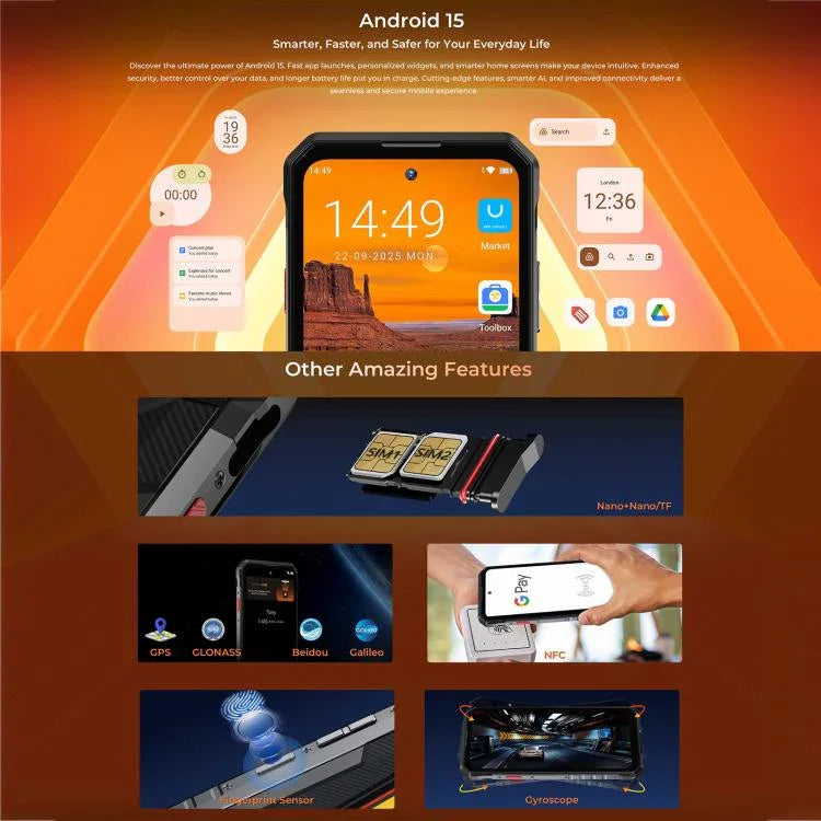 هاتف Oukitel WP58 Pro المتين، 8GB+512GB، التعرف على بصمة الإصبع الجانبية، شاشة 6.7 بوصة أندرويد 15 UMS9621S ثماني النواة، NFC، OTG، شبكة: 5G، 8GB+512GB