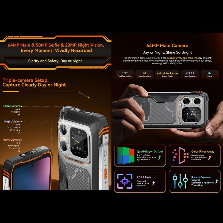 هاتف Blackview XPLORE 1، 16GB+512GB، شاشة 6.78 بوصة أندرويد 15 Dimensity 7050 MT8791V/HZA ثماني النواة، شبكة: 5G، OTG، NFC، XPLORE 1 16GB+512GB