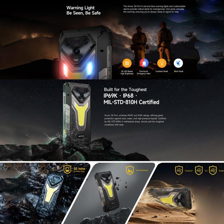 هاتف Ulefone Armor 34 Pro+ المتين مع جهاز عرض، 16GB+512GB، رؤية ليلية، IP68/IP69K، شاشة 6.95 بوصة أندرويد 15 MediaTek Dimensity 7400X ثماني النواة، شبكة: 5G، NFC، OTG، Armor 34 Pro+