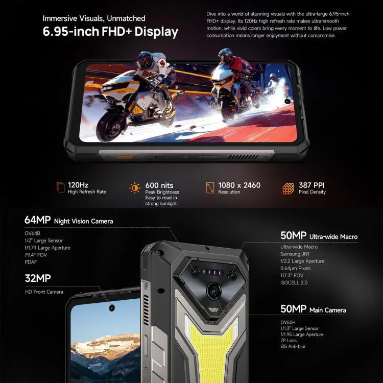 هاتف Ulefone Armor 34 Pro+ المتين مع جهاز عرض، 16GB+512GB، رؤية ليلية، IP68/IP69K، شاشة 6.95 بوصة أندرويد 15 MediaTek Dimensity 7400X ثماني النواة، شبكة: 5G، NFC، OTG، Armor 34 Pro+