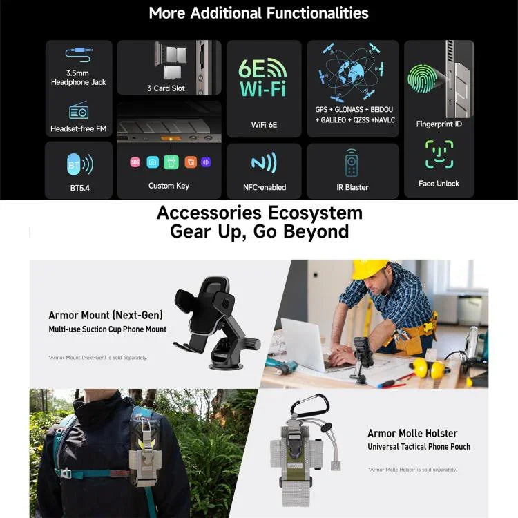 هاتف Ulefone Armor 34 Pro+ المتين مع جهاز عرض، 16GB+512GB، رؤية ليلية، IP68/IP69K، شاشة 6.95 بوصة أندرويد 15 MediaTek Dimensity 7400X ثماني النواة، شبكة: 5G، NFC، OTG، Armor 34 Pro+