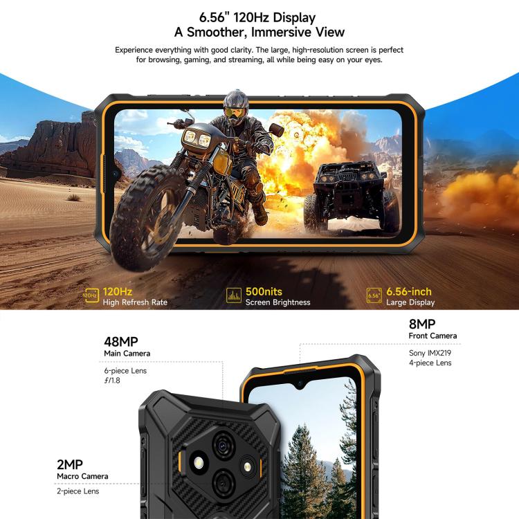 يوليفون روج كينج 3 برو، 8GB+128GB، هاتف متين بمعيار IP68/IP69K، شاشة 6.56 بوصة، أندرويد 15، Unisoc T7250 ثماني النواة، شبكة: 4G، NFC، OTG، روج كينج 3 برو، 8GB+128GB