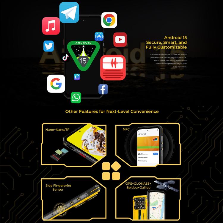 هاتف Oukitel WP60 المتين، 8 جيجابايت + 256 جيجابايت، رؤية ليلية، كاميرا 108 ميجابكسل، بصمة جانبية، 7.2 بوصة أندرويد 15 MediaTek Dimensity 7025 ثماني النواة، NFC، OTG، شبكة: 5G، 8 جيجابايت + 256 جيجابايت