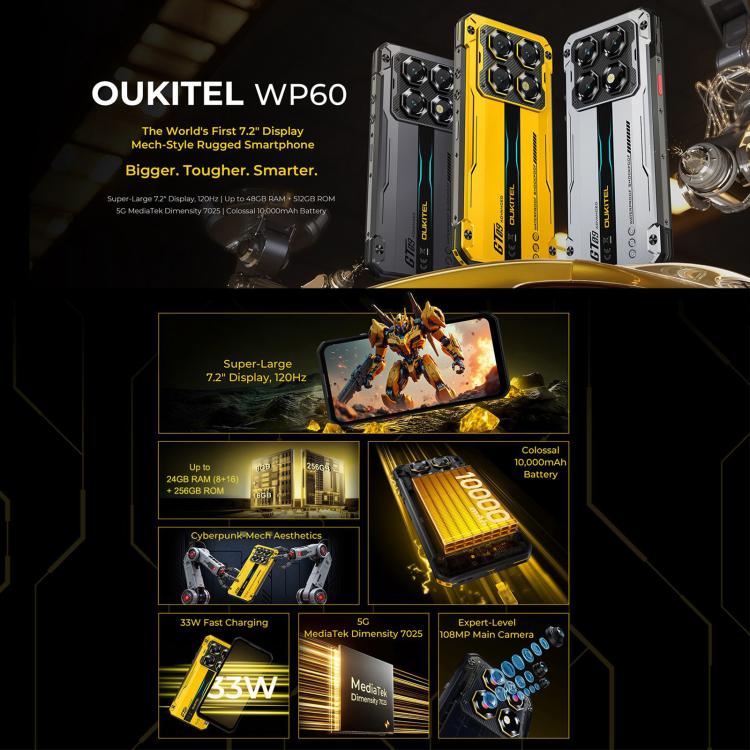 هاتف Oukitel WP60 المتين، 8 جيجابايت + 256 جيجابايت، رؤية ليلية، كاميرا 108 ميجابكسل، بصمة جانبية، 7.2 بوصة أندرويد 15 MediaTek Dimensity 7025 ثماني النواة، NFC، OTG، شبكة: 5G، 8 جيجابايت + 256 جيجابايت