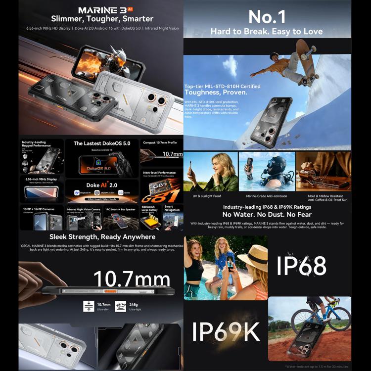 Blackview Oscal Marine 3، 8 جيجابايت + 128 جيجابايت، 6.56 بوصة أندرويد 15 Unisoc UMS9230E T615 ثماني النواة، شبكة: 4G، OTG، NFC، 8 جيجابايت + 128 جيجابايت