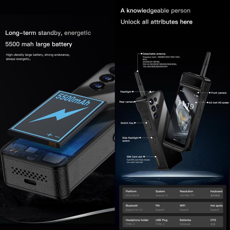 SOYES W88 Pro، 4 جيجابايت + 64 جيجابايت، بطارية 4600 مللي أمبير، 4.0 بوصة أندرويد 12 MTK6739CW رباعي النواة، شبكة: 4G، OTG، شريحتي اتصال، W88 Pro، 4 جيجابايت + 64 جيجابايت