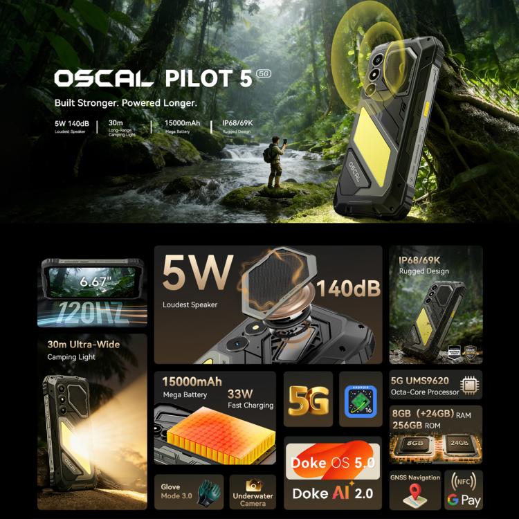 هاتف بلاكفيو أوسكال بايلوت 5 5G مقاوم، 8GB+256GB، شاشة 6.67 بوصة أندرويد 16 UMS9620 T8100 ثماني النواة، شبكة: 5G، OTG، NFC