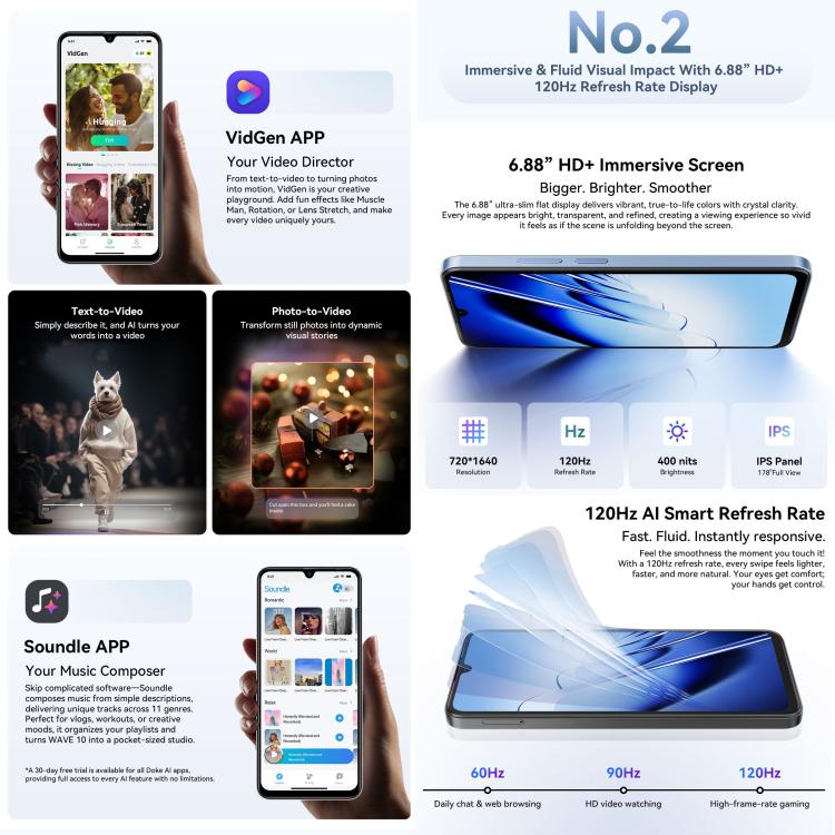 بلاك فيو WAVE 10، 8GB+256GB، شاشة 6.88 بوصة أندرويد 16 Unisoc UMS9230E ثماني النواة، شبكة: 4G، OTG، WAVE 10، 8GB+128GB