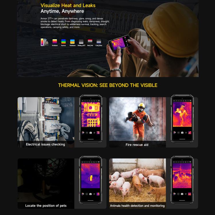 هاتف Ulefone Armor 27T+ المتين، 12 جيجابايت+256 جيجابايت، كاميرا حرارية، رؤية ليلية، بطارية 10600 مللي أمبير، شاشة 6.78 بوصة أندرويد 14، MediaTek Helio G99 ثماني النواة، شبكة: 4G، NFC، OTG، Armor 27T+