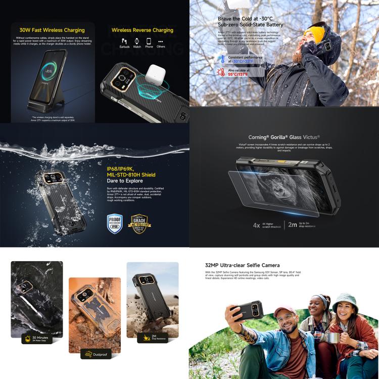 هاتف Ulefone Armor 27T+ المتين، 12 جيجابايت+256 جيجابايت، كاميرا حرارية، رؤية ليلية، بطارية 10600 مللي أمبير، شاشة 6.78 بوصة أندرويد 14، MediaTek Helio G99 ثماني النواة، شبكة: 4G، NFC، OTG، Armor 27T+