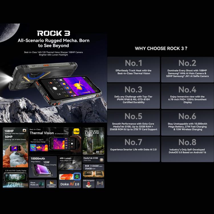 هاتف بلاكفيو ROCK 3 المتين، كاميرا تصوير حراري، 8GB+256GB، شاشة 6.78 بوصة، أندرويد 16، MT8781 Helio G100 ثماني النواة، شبكة: 4G، OTG، NFC