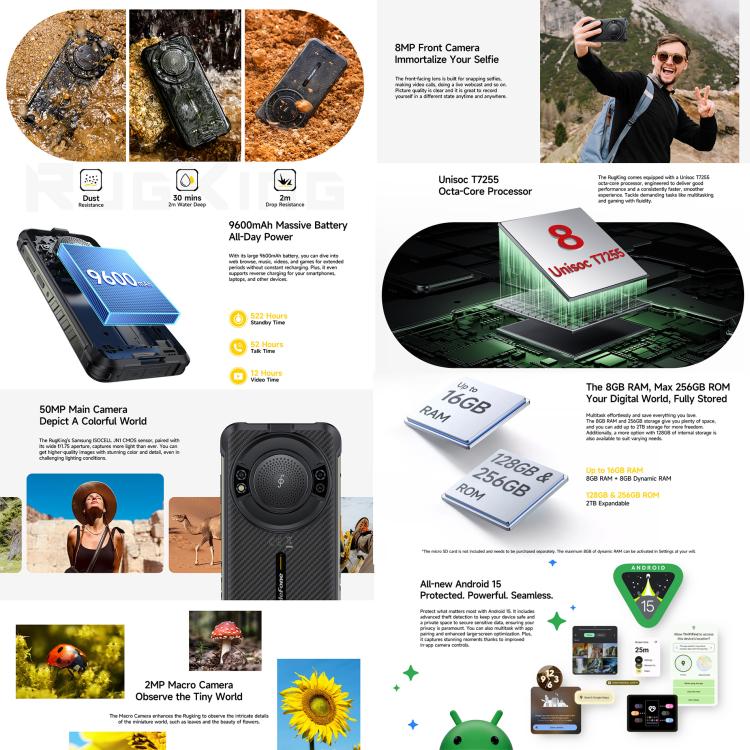 هاتف Ulefone RugKing المتين، 8GB+128GB، IP68/IP69K، شاشة 5.99 بوصة، أندرويد 15، Unisoc T7255 ثماني النواة، شبكة: 4G، NFC، OTG، RugKing، 8GB+128GB