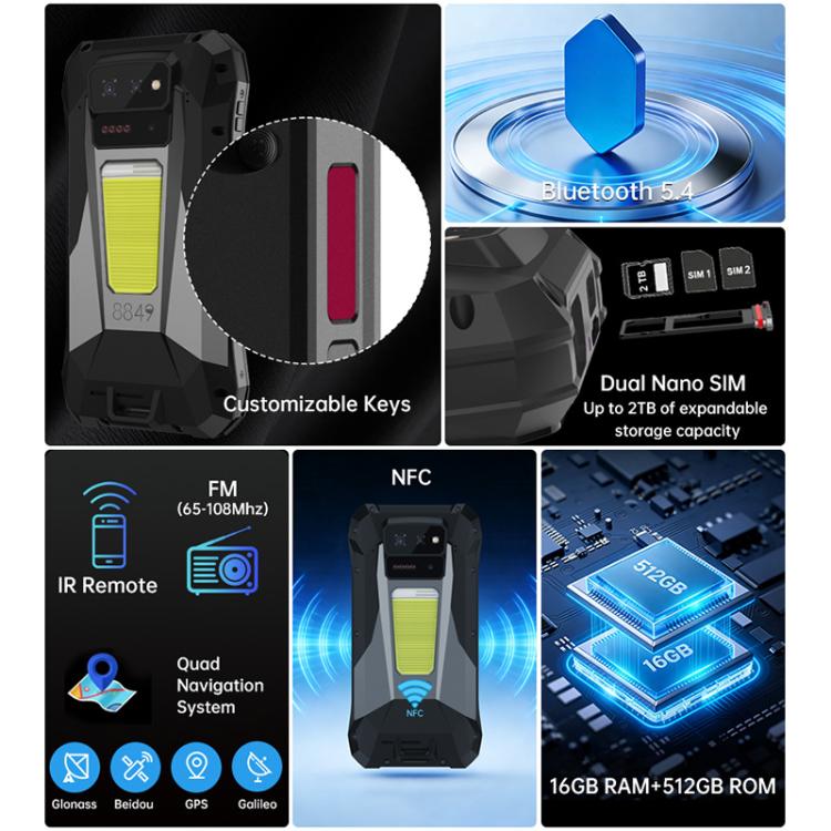 هاتف Unihertz 8849Tank X المتين مع بروجكتور، 16 جيجابايت + 512 جيجابايت، بصمة جانبية، رؤية ليلية، شاشة 6.78 بوصة، أندرويد 15، MediaTek Dimensity 8200 ثماني النواة، شبكة: 5G، NFC، Tank X 16 جيجابايت + 512 جيجابايت