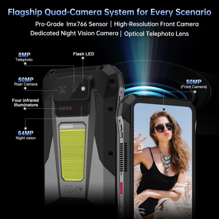 هاتف Unihertz 8849Tank X المتين مع بروجكتور، 16 جيجابايت + 512 جيجابايت، بصمة جانبية، رؤية ليلية، شاشة 6.78 بوصة، أندرويد 15، MediaTek Dimensity 8200 ثماني النواة، شبكة: 5G، NFC، Tank X 16 جيجابايت + 512 جيجابايت
