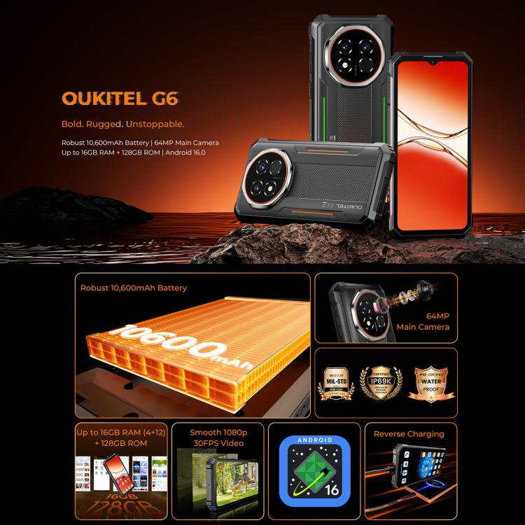هاتف أوكيتيل G6 المتين، 4GB+128GB، التعرف على بصمة الإصبع، بطارية 10600mAh، شاشة 6.52 بوصة أندرويد 16.0 يونسوك T615 ثماني النواة، NFC، OTG، شبكة: 4G، 4GB+128GB