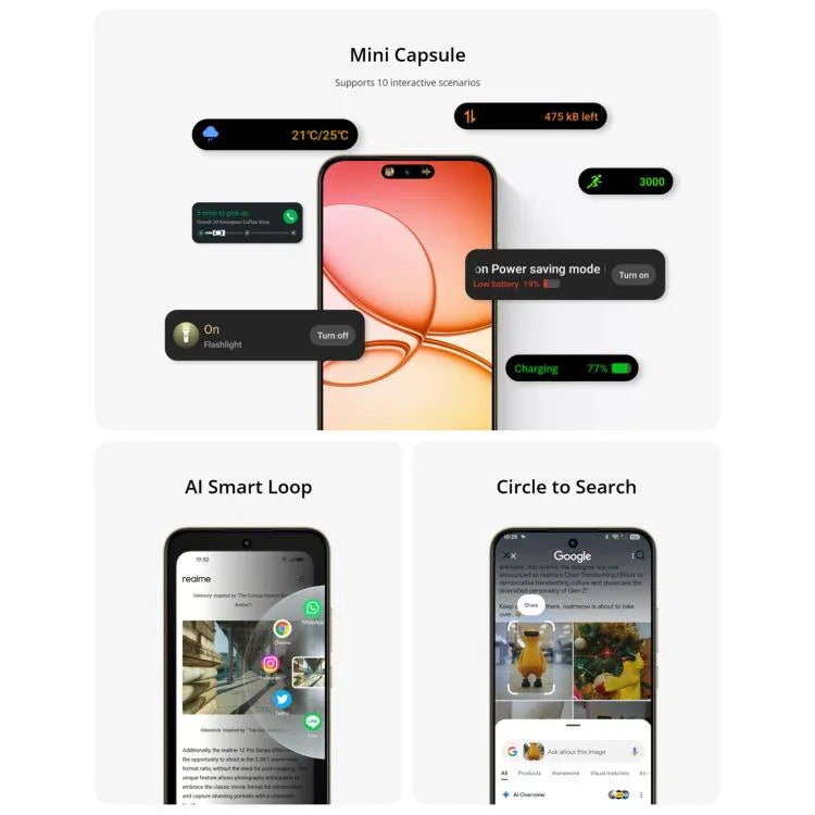 Realme 15T، 12GB+256GB، التعرف على بصمة الإصبع على الشاشة، شاشة 6.57 بوصة، Realme UI 6.0 أندرويد 15، MediaTek Dimensity 6400 Max ثماني النواة، NFC، شبكة: 5G، 12GB+256GB