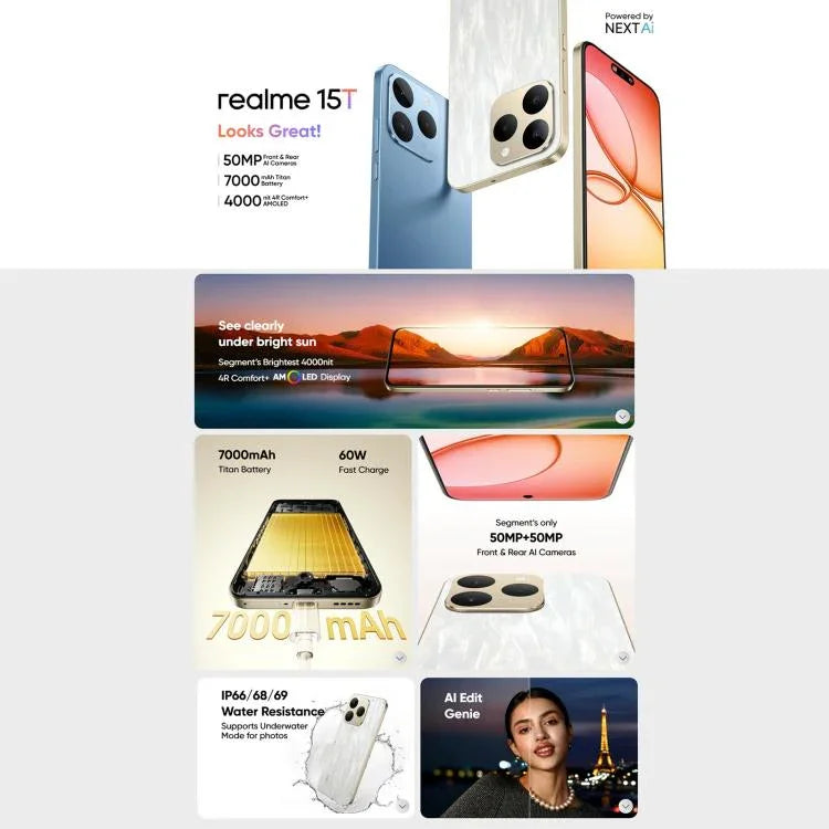 Realme 15T، 12GB+512GB، التعرف على بصمة الإصبع على الشاشة، شاشة 6.57 بوصة، Realme UI 6.0 أندرويد 15، MediaTek Dimensity 6400 Max ثماني النواة، NFC، شبكة: 5G، 12GB+512GB