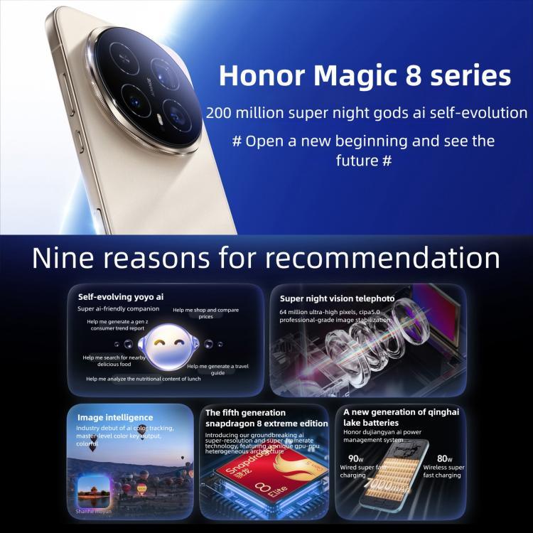 هاتف Honor Magic8 Pro، 16GB+512GB، بصمة شاشة، شاشة 6.71 بوصة، MagicOS 10.0 / أندرويد 16، Snapdragon 8 Elite الجيل الخامس ثماني النواة، شبكة: 5G، NFC، OTG، 16GB+512GB