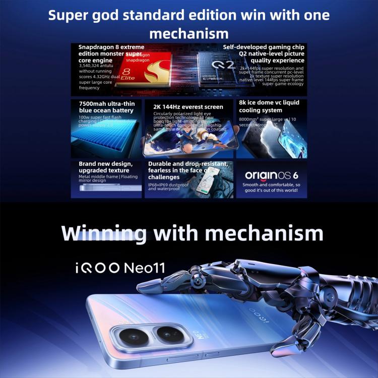 هاتف vivo iQOO Neo11، 16GB+512GB، التعرف على الوجه / بصمة الشاشة، شاشة 6.82 بوصة أندرويد 16 OriginOS 6 معالج Snapdragon 8 Elite ثماني النواة، OTG، NFC، شبكة: 5G، iQOO Neo11، 16GB+512GB