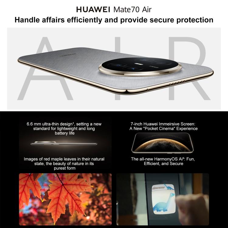 هاتف HUAWEI Mate 70 Air، 12GB+256GB، بصمة جانبية، شاشة 7 بوصة HarmonyOS 5.1 معالج Kirin 9020B، NFC، OTG، لا يدعم Google Play، 12GB+256GB