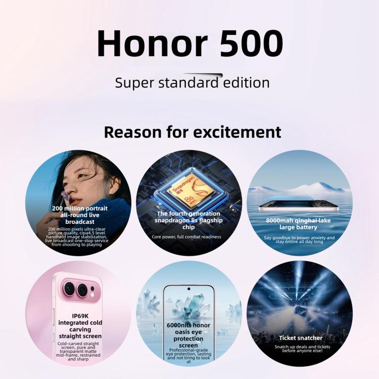 هاتف Honor 500، 12GB+512GB، بصمة شاشة، شاشة 6.55 بوصة MagicOS 10.0 / أندرويد 16 Snapdragon 8s Gen 4 ثماني النواة، شبكة: 5G، NFC، OTG، Honor 500، 12GB+512GB
