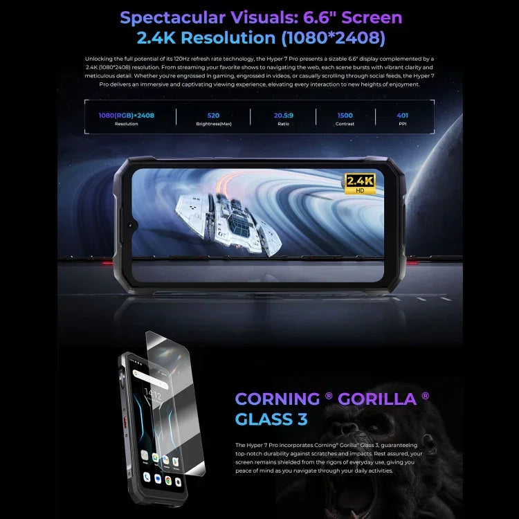 هاتف HOTWAV Hyper 7 Pro المتين، 16GB+256GB، بطارية 10800mAh، شاشة 6.6 بوصة أندرويد 14 معالج MediaTek Dimensity 7050 5G، شبكة: 5G، OTG، NFC