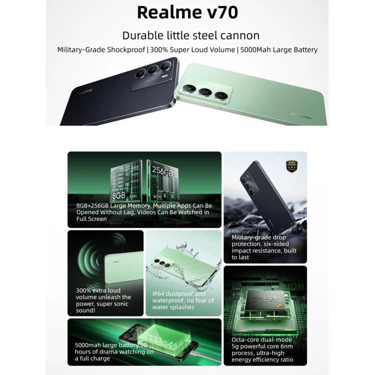 Realme V70، 8GB+256GB، شاشة 6.67 بوصة Realme UI 6.0 أندرويد 15 معالج Dimensity 6300 5G ثماني النواة، شبكة: 5G، 8GB+256GB