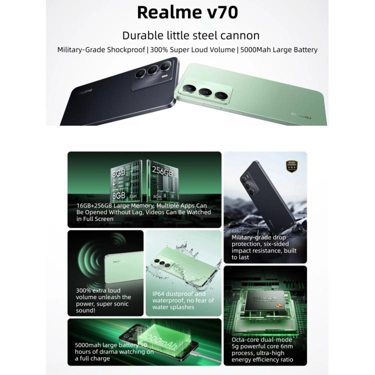 Realme V70، 12GB+256GB، شاشة 6.67 بوصة Realme UI 6.0 أندرويد 15 معالج Dimensity 6300 5G ثماني النواة، شبكة: 5G، 12GB+256GB