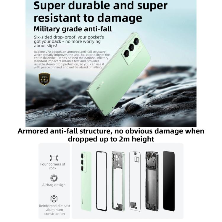 Realme V70، 12GB+256GB، شاشة 6.67 بوصة Realme UI 6.0 أندرويد 15 معالج Dimensity 6300 5G ثماني النواة، شبكة: 5G، 12GB+256GB